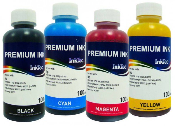 Dye refill inkt Inktec 100 ml. flacon set van 4 kleuren, geschikt voor HP